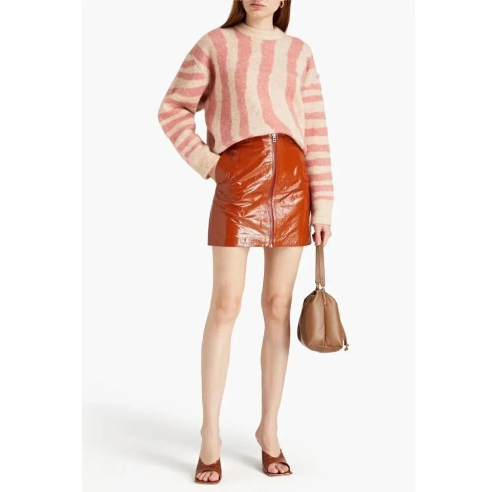 Patent Leather Zip-Front Mini Skirt in Rust
